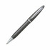 A metal pen in dark grey with a silver clip, featuring a sleek design and a branding logo.