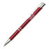 A red metal pen with silver accents and a clip, featuring a logo.