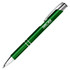 A green metal pen with a shiny finish and a clip, featuring a logo on its barrel.