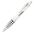 A metallic pen in white with a black patterned grip, featuring a logo.