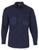 A navy long sleeve work shirt featuring two front pockets and a button-up design. Includes a logo branding.