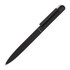 A black metal pen with a sleek design and silver accents. It features a clip and a branding logo.