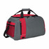 A duffle bag in grey and red with a shoulder strap, zippers, and a mesh pocket. Features a logo on the side.
