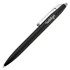 A black pen with a silver clip and a branding logo on the barrel. It features a smooth, sleek design.