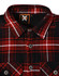 A red and black checkered quilted flannel shirt featuring a collar and button details. It has a logo on the label.