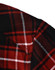 A red and black quilted flannel shirt showcasing a check pattern and a collar. The image features a portion of the shirt.
