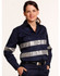 A navy long-sleeve work shirt made from cotton drill, featuring 3M reflective tapes and a logo.