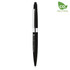 A black metal ball pen with a twist mechanism and a stylus tip, featuring a silver clip and branding.