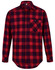 A unisex flannel plaid shirt in red and navy, featuring a button-up design and a single chest pocket.