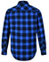 A unisex flannel plaid shirt in black and blue, featuring a button-up design and long sleeves.