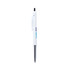 A white plastic pen with a black tip and a branding logo on the barrel.