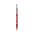 A red plastic pen with a white cap and a logo. It features a smooth, streamlined design.