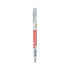 A clear metal pen with a gold tip and a transparent body, featuring a logo on the side.