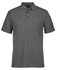 A grey polo shirt featuring a collared neckline and three buttons, with a logo on the label.