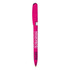 A bright pink metal pen with a sleek design, featuring a logo on the barrel.