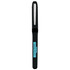 A sleek black pen with a textured grip and a clear lid, featuring a branding logo.