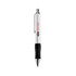 A silver retractable pen with a black rubber grip and a logo.