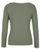 A long-sleeved boat neck tee in olive green, featuring a fitted design and a logo on the back.