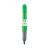 A highlighter pen in green and grey, featuring a logo on the barrel.