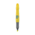 A yellow highlighter pen with a grey grip, featuring a logo on its side.