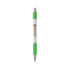 A white pen with a green grip and silver accents, featuring a logo on the body.