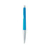 A metallic blue pen with a silver grip and a clip, featuring a logo on the body.