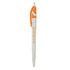 A plastic pen featuring a white body and an orange clip, with a logo displayed on the side.