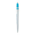 A metal pen with a silver body and blue accents, featuring a logo on the side.