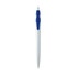 A silver metal pen with a blue grip and clip, featuring a logo on its body.
