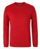 A red long-sleeve t-shirt with a crew neck and a logo on the label.