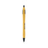 A metallic curved pen in yellow and black, featuring a sleek design and a branding logo.
