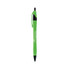 A metallic pen with a curved design in bright green, featuring a black grip and clip, and a logo.