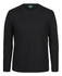 A black long-sleeve T-shirt with a round neck and a tag on the neckline, featuring a logo.