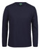 A long-sleeve navy blue T-shirt with a round neckline and a branding label on the inside.