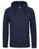 A navy long-sleeved hooded tee with a front pocket and a hood, featuring a logo on the tag.