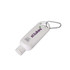 A white 50mL sunscreen bottle with a carabiner attached, featuring a logo on the front.