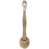 A bamboo toothbrush in natural tan colour, with soft bristles, resting in a round holder. It features a logo.