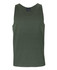 An olive green singlet featuring a simple design and a label. It has a round neckline and no sleeves.