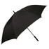 A black umbrella with a curved handle and a sleek design, featuring a logo on the handle.