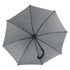 A grey corporate umbrella with a black handle, featuring a simple design and a logo on the canopy.