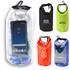 A 2.5L dry bag in various colours, featuring a transparent section and a clip, showcasing different designs and branding.