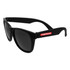Retro black sunglasses with dark lenses and a logo on the arm. Ideal for leisure and outdoor activities.