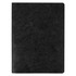 A black notebook with a textured cover and blank pages. It features a logo on the front.