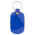 A blue oval keychain featuring a shiny finish and a metal ring attachment. It includes a decorative element on top.