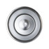 A stainless steel coffee cup with a smooth interior and circular base, reflecting light. It has a simple design.