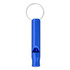 A blue aluminium whistle keychain with a silver metal ring for attachment. Features a small mouthpiece and branding.