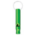 A green aluminium whistle keychain with a metal ring for attachment. It features a streamlined design and a shiny finish.