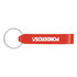 A drink bottle opener in red, featuring a keyring attachment and a logo.