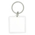 A square acrylic keychain with a silver metal ring, featuring a clear, blank surface.