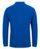 A blue long-sleeved polo shirt with a collar and a pocket, featuring a logo.